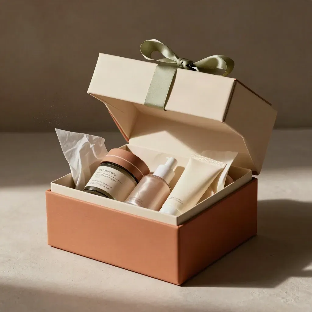 Open luxury skincare gift set box with nested products, tissue, ribbon on a tray.