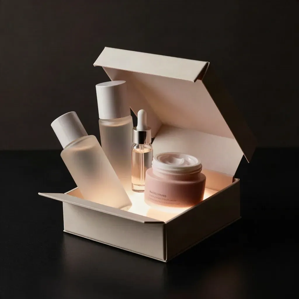 Blush-lined skincare set with cleanser, serum and cream bursting from an open box on black.