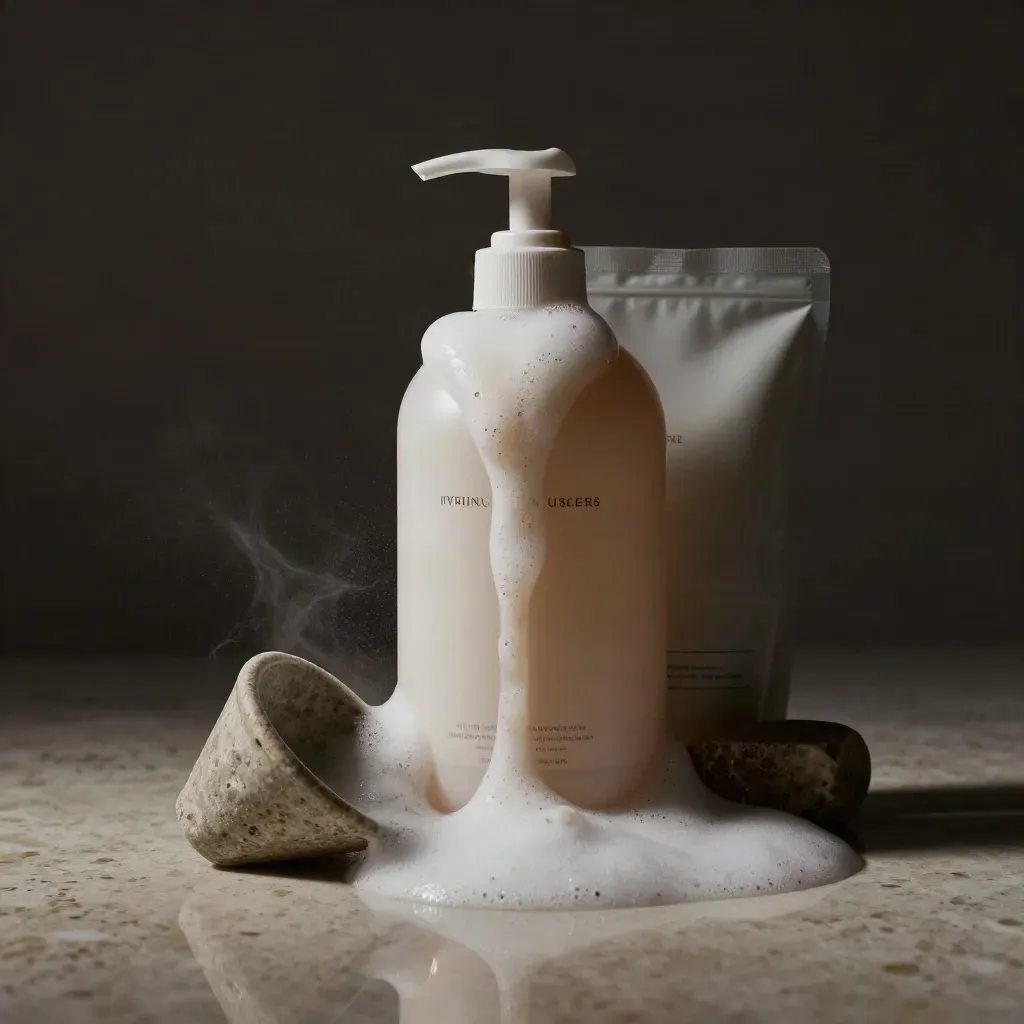 Foam cleanser refill pouch beside pump bottle, funnel, and foam spill on travertine.