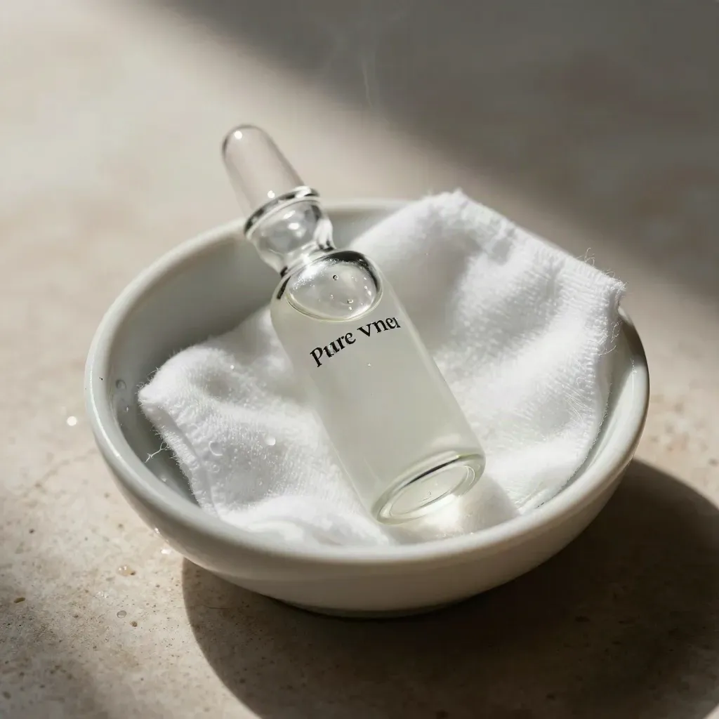 Macro of a mini serum vial in a ceramic shell with cotton pad and condensation