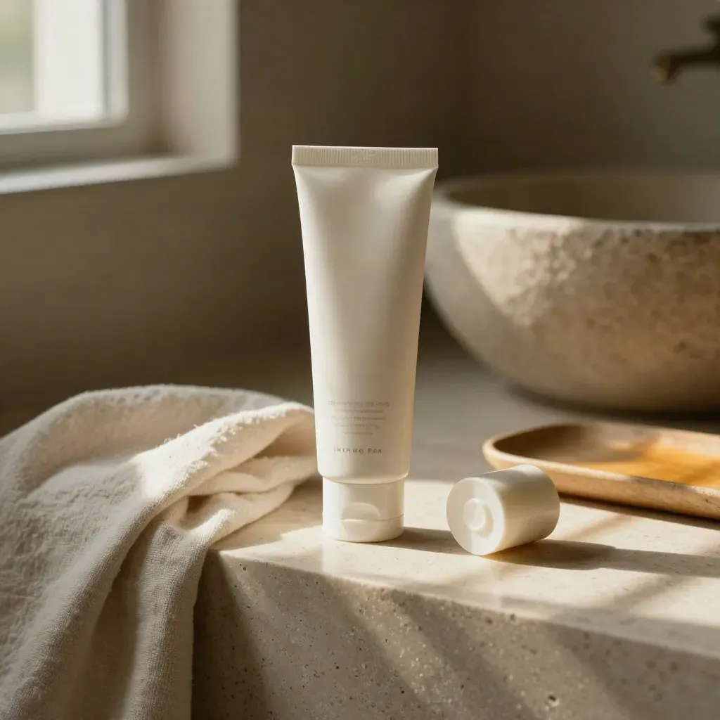 Day cream tube on pale stone with linen, cap, and sunlit shadow lines.