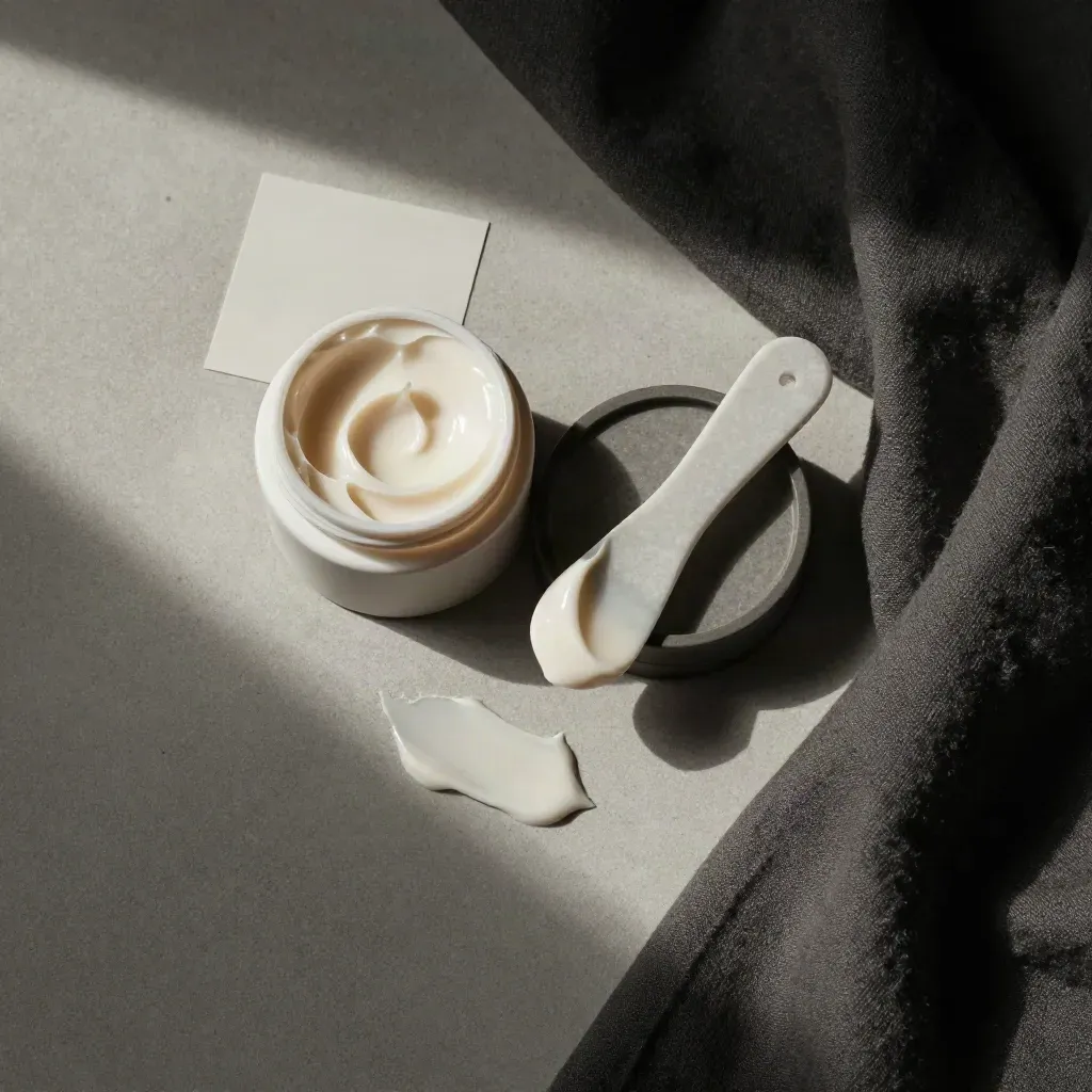 Open night recovery mask jar, stone spatula, cream swipe and linen folds on pale concrete, overhead