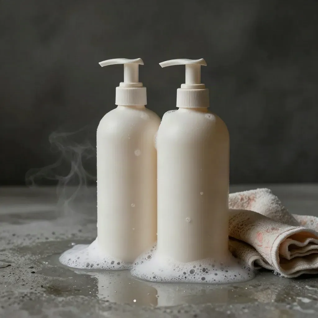 Two body wash bottles on wet concrete with foam, steam, and a folded washcloth.