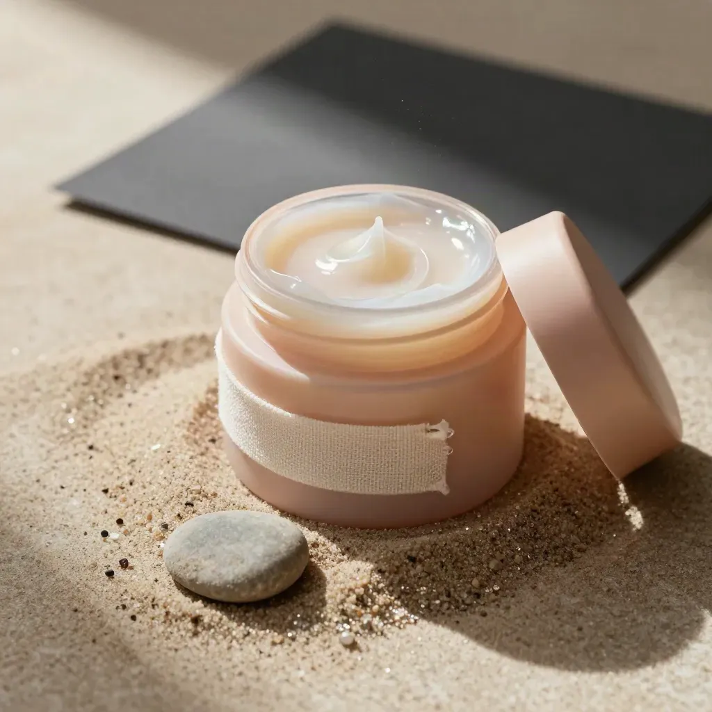 Open balm jar in sand with linen ribbon, pebble, and charcoal card