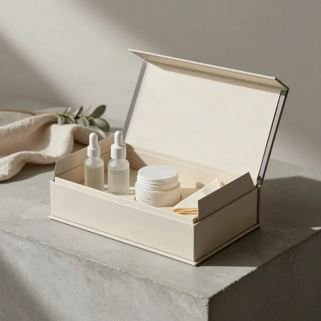 Open five-piece skincare gift box with mini bottles, jar and tissue on pale stone, low hero angle.