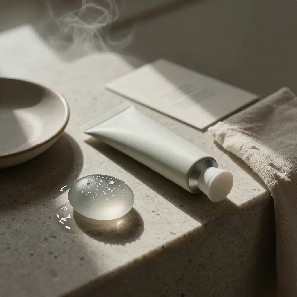 Cooling eye gel tube beside a frosted pebble and damp linen on a stone ledge in soft mist.