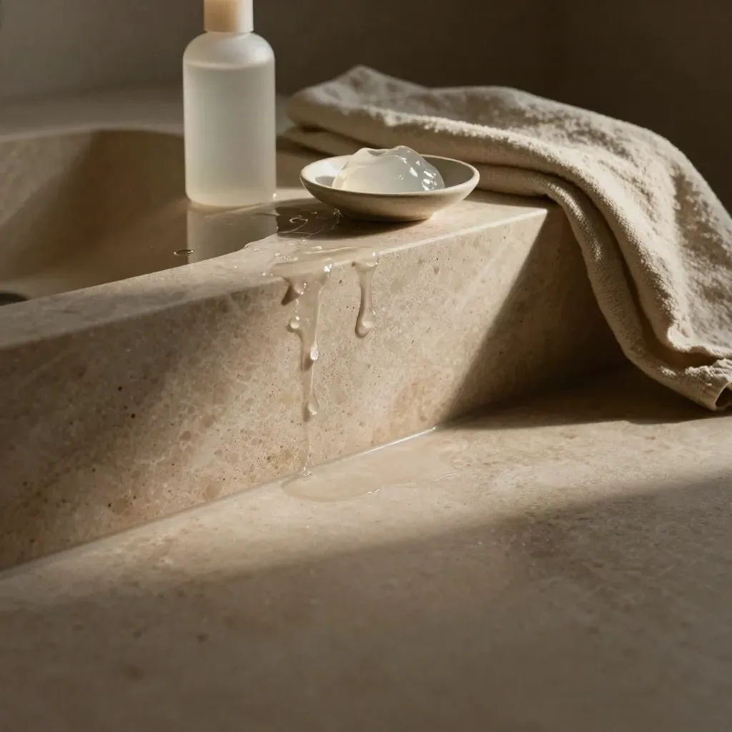 Travertine spa basin with water, cleanser bottle, linen cloth, and soft stone light