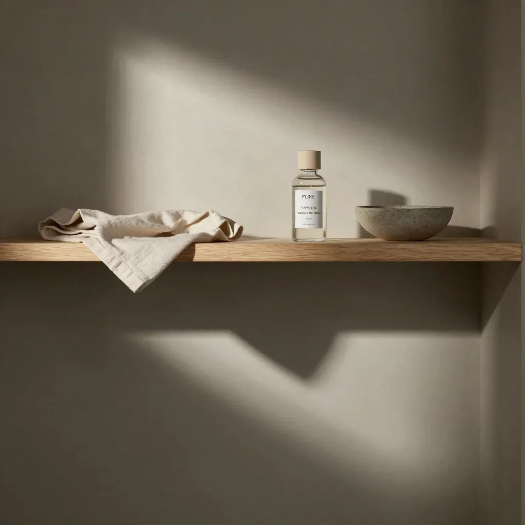 Plaster alcove with shelf, glass serum vessel, linen, and curtain shadow in warm light