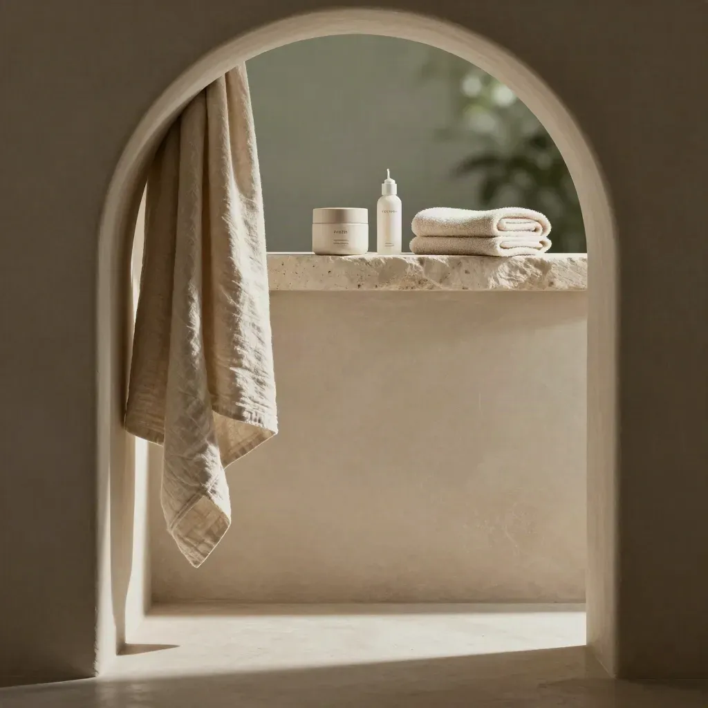 Sunlit cream plaster corridor with arch, linen drape, and moisturizer jar on stone ledge.