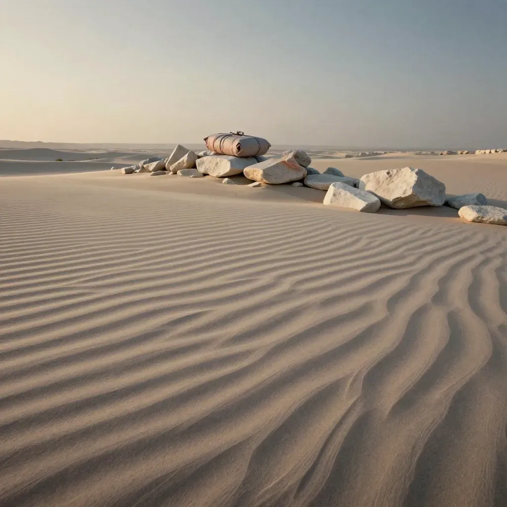 Sand terrace with pale stones, wrapped parcel, wind haze, and high horizon