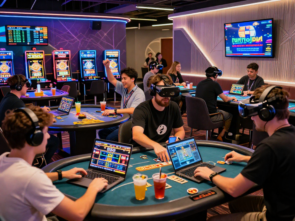 Friends enjoying games at a vibrant crypto casino, showcasing lively atmosphere and digital interactions.