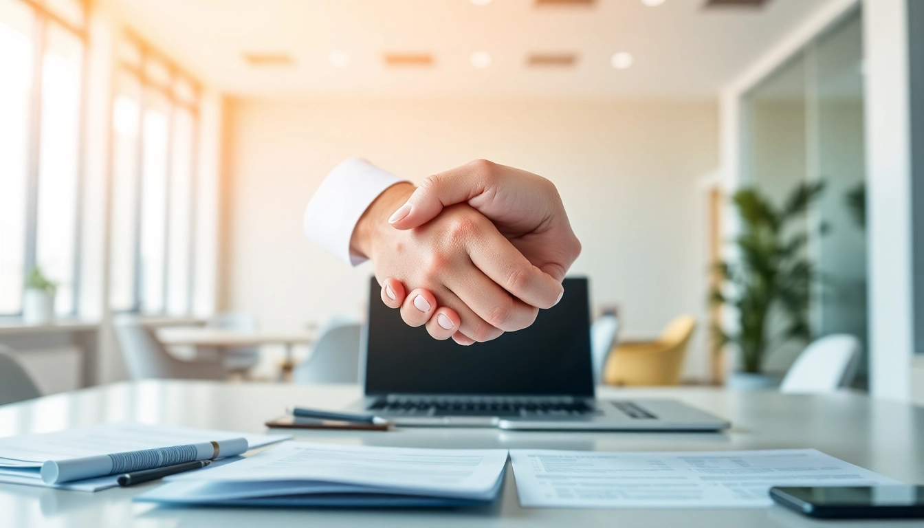 Escrow Services ensuring secure transactions with a professional handshake and a modern office ambiance.