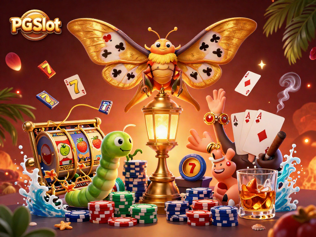 Play PG Slot with vibrant casino imagery featuring an atlas moth and golden elements.