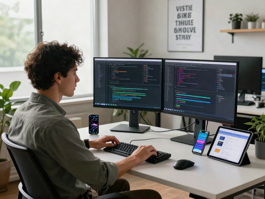 Crush on AI: Developer in modern workspace coding with advanced tech.