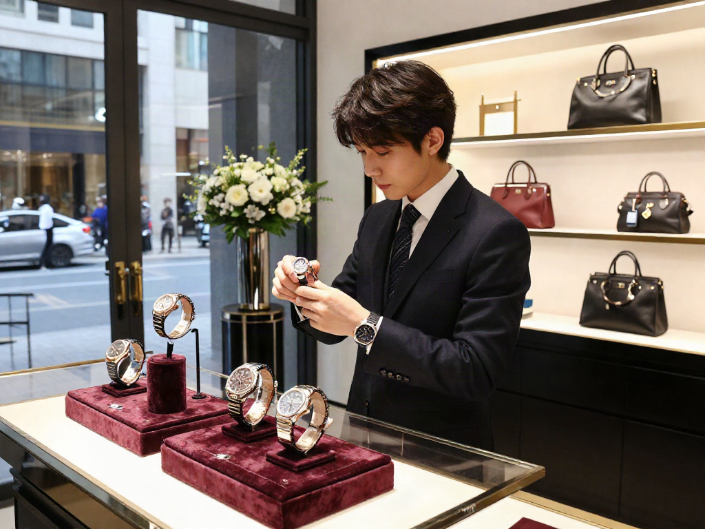 Pengunjung di butik mewah luxury111 memilih jam tangan premium dengan suasana elegan.