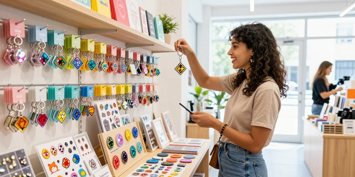 Shopper exploring custom acrylic diamond keychains in a vibrant retail setting.