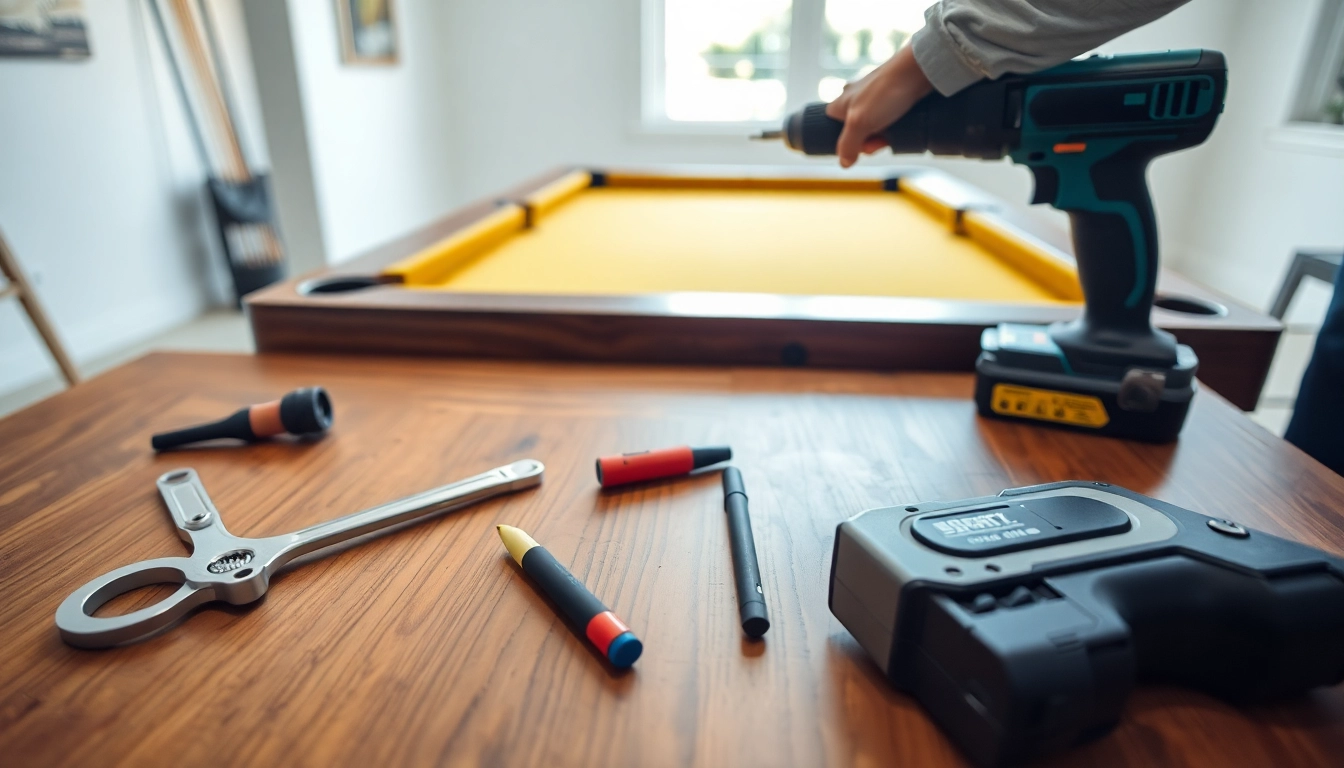 Technician executing Pool Table Disassembly with tools displayed, showcasing careful technique.