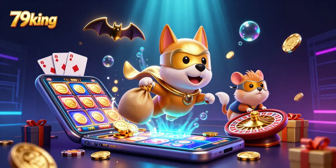 79king showcases a lively casino scene with a superhero dog and sidekick amidst gaming action.