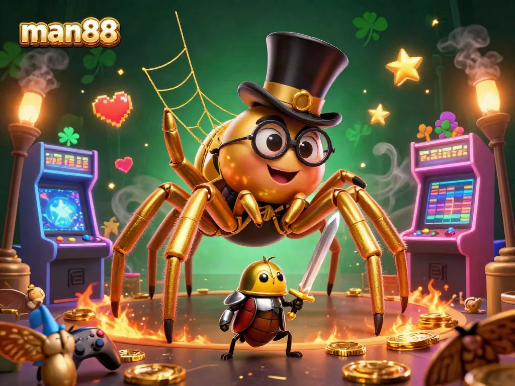 Experience the excitement of man88 with a dynamic casino scene featuring vibrant characters and gaming elements.