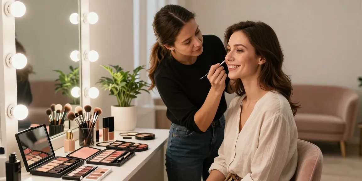 Trucco personalizzato applicato da un'artista del make-up su una donna, evidenziando bellezza e cura individuale.