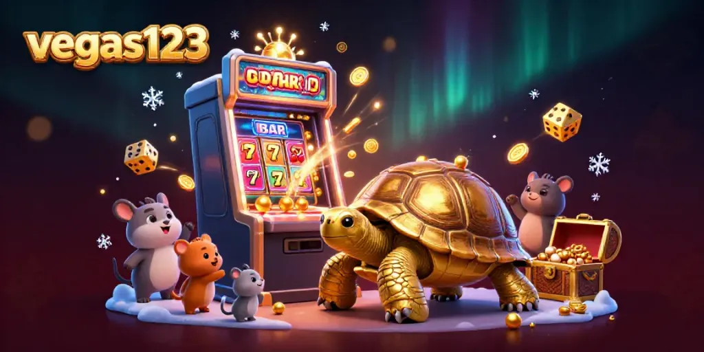 Gambarkan antusiasme permainan di vegas123 dengan kura-kura emas besar yang menjadi mesin pinball.