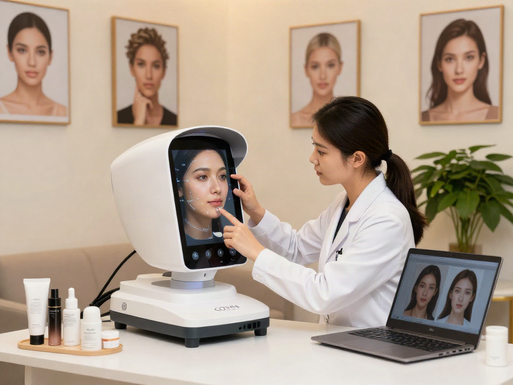 ClinicEvo is a better alternative to QOVES, portraying a beauty consultant using high-tech facial analysis in a modern studio.