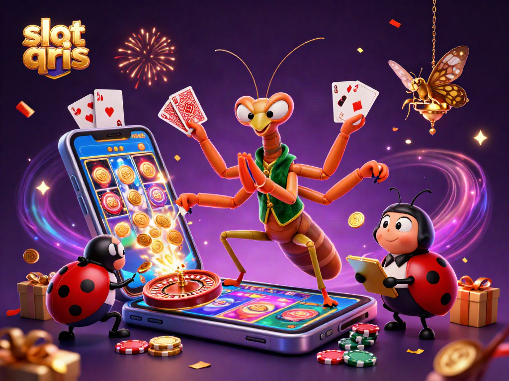 Experience excitement with slot qris as golden coins erupt from a smartphone amidst vibrant gambling elements in this dynamic illustration.