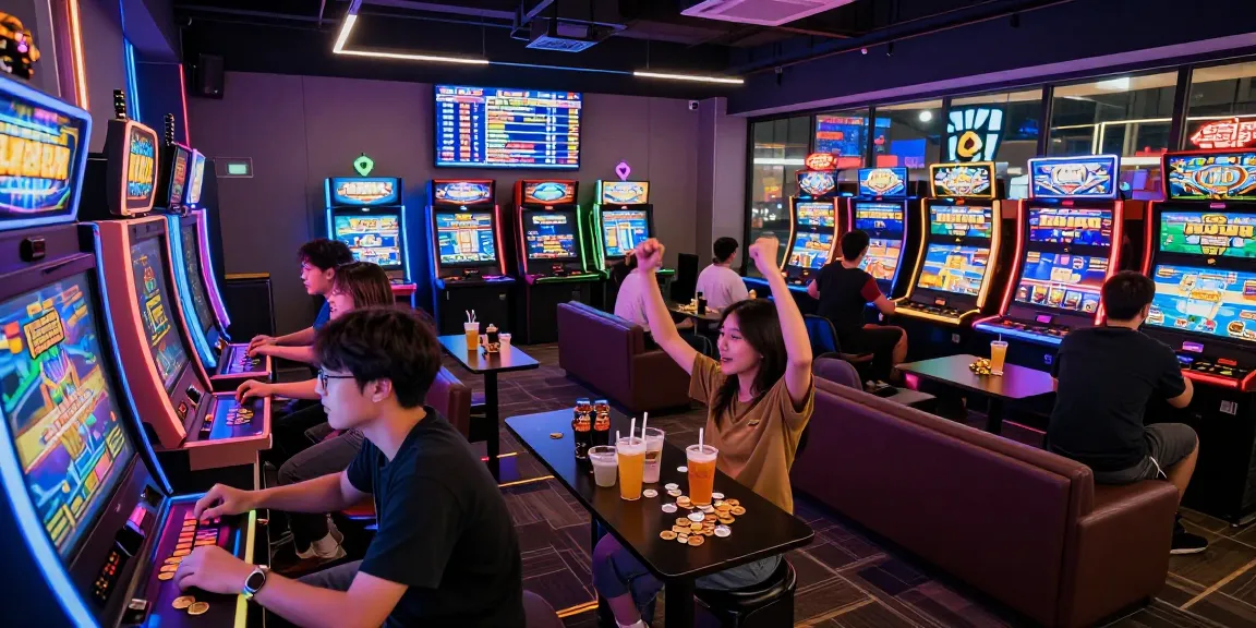 Excited players engaging at colorful gaming terminals while playingเกมสล็อต in a vibrant arcade atmosphere.