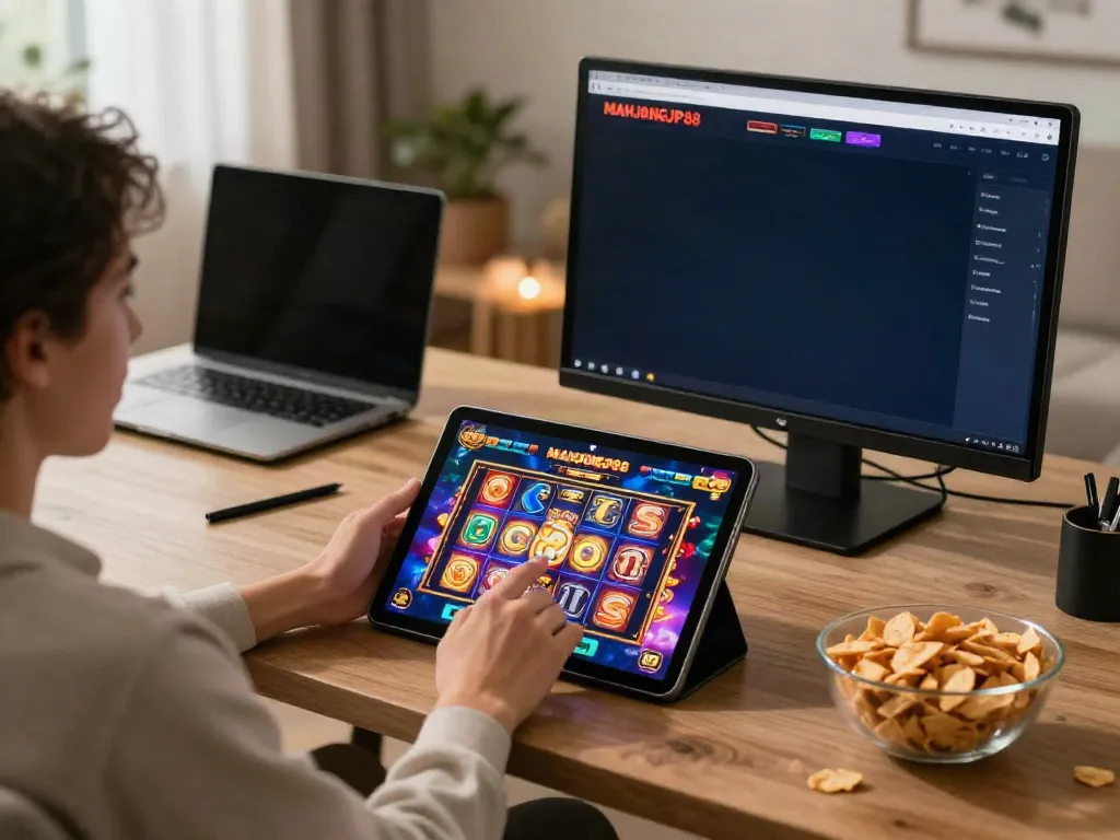 Player enjoying slot gacor thailand on tablet with vibrant graphics in cozy gaming setup.