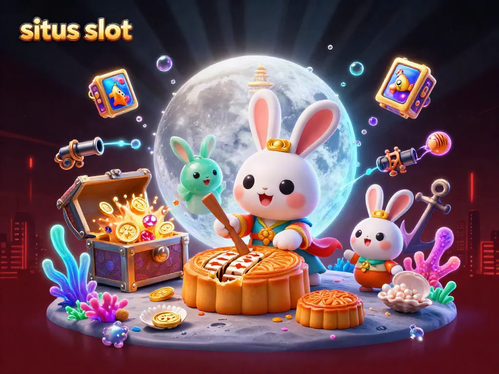 Gambarkan situs slot dengan 3D kartun kelinci bulan menyiapkan kue bulan di bulan, dikelilingi elemen kasino.