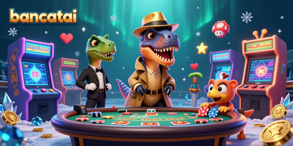 Bancatai velociraptor card counter sneaks at a blackjack table while vibrant 3D casino games surround