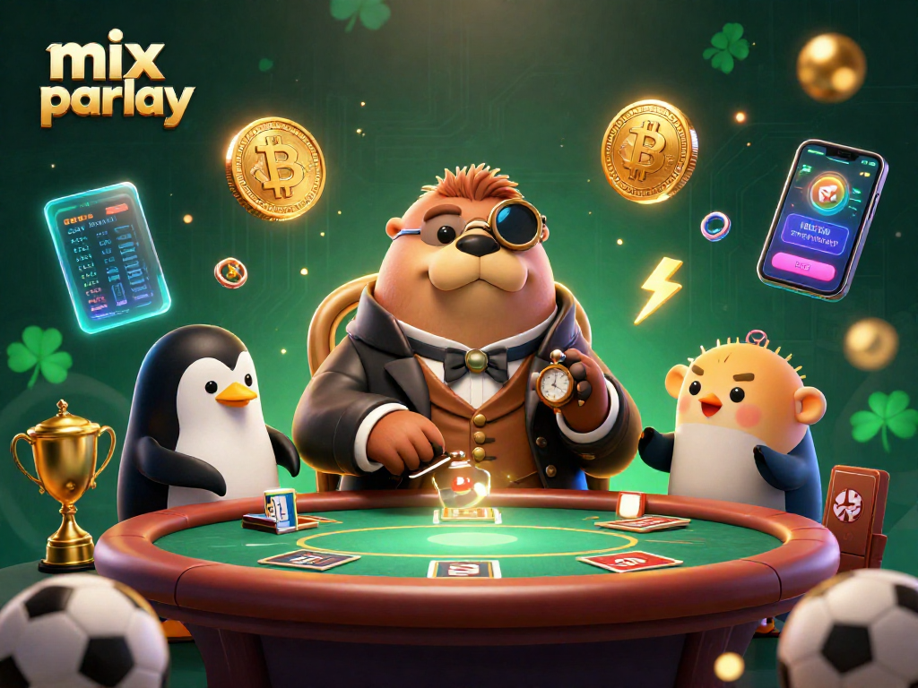 Engage in the thrilling mix parlay betting experience with fun characters at an underwater poker table.
