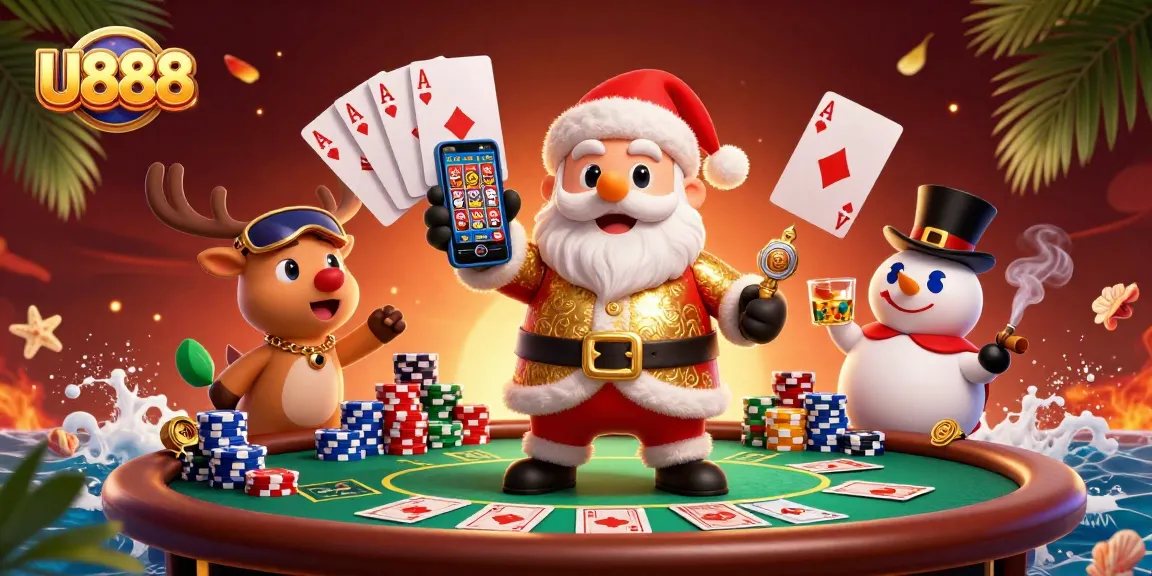 U888 thrills players with a vibrant casino scene featuring Santa, a deer dealer, and a poker chip snowman.