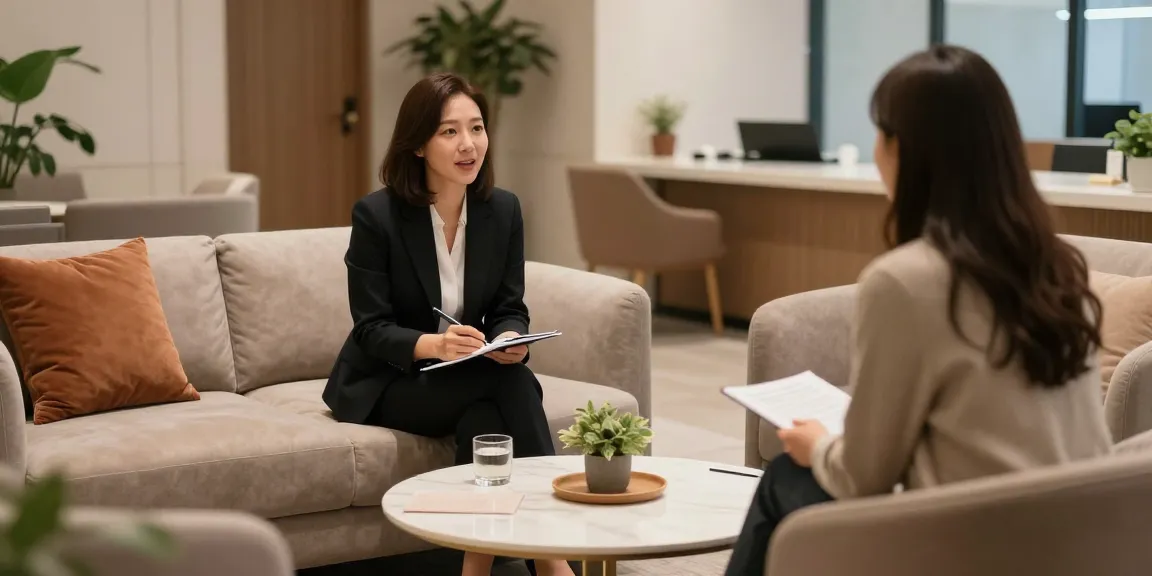 이천OP에서 1:1 코칭을 받는 고객과 매니저의 전문적인 상담 장면