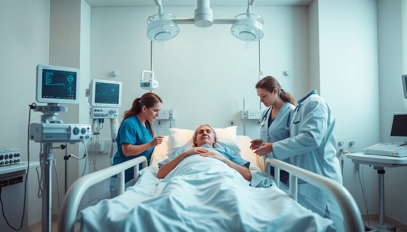 Healthcare professionals attending to a patient in an Intensive Care Unit (ICU) with modern monitoring equipment.
