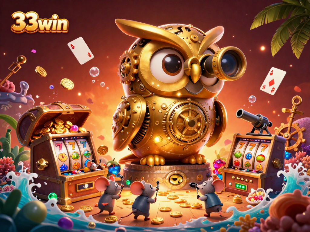 Experience excitement at 33win with a vibrant 3D casino scene filled with gold coins and adventure.