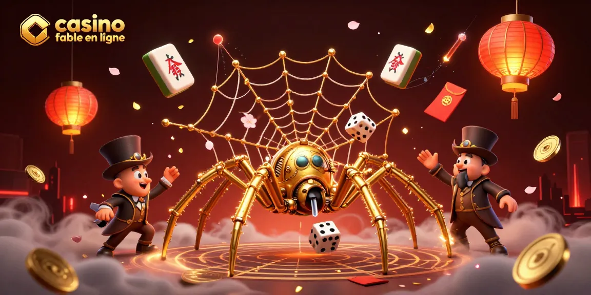 Illustration 3D d'un casino fiable en ligne avec une araignée steampunk dorée attrapant des dés chanceux dans sa toile