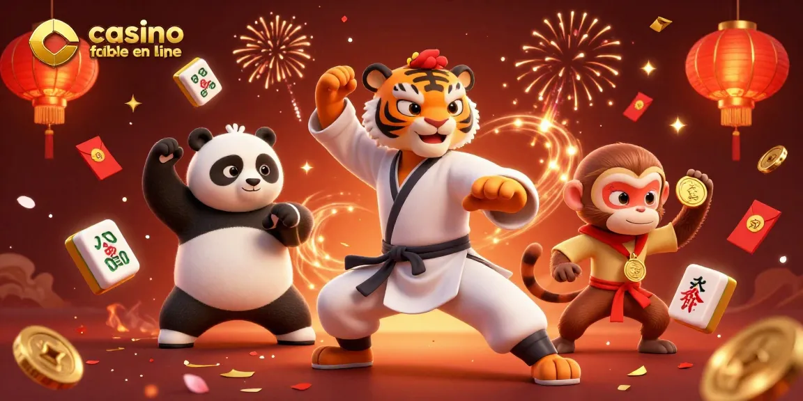 Jeu captivant de casino fiable en ligne illustré par une scène dynamique avec un tigre kung fu, un panda et un singe, entourés de symboles japonais traditionnels.