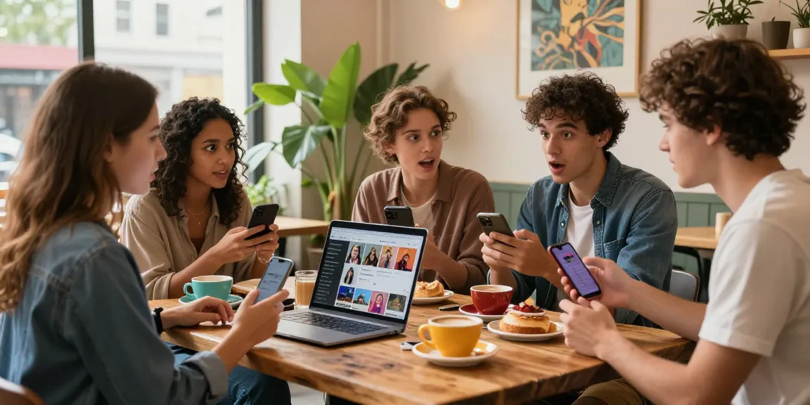 Young friends discussing how old do I look app results in a stylish café