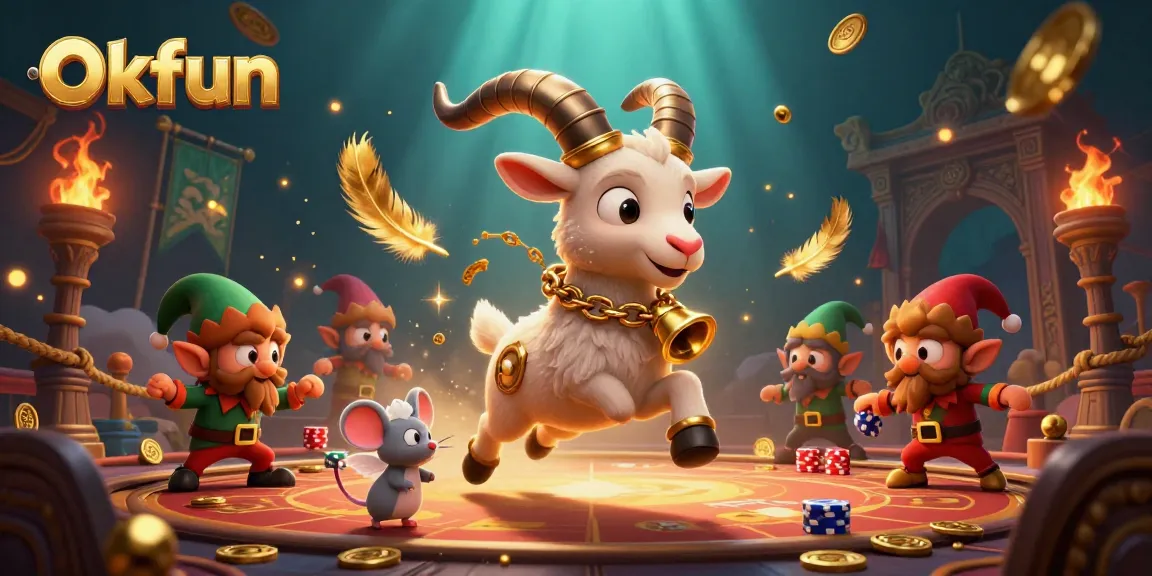 Experience thrilling gameplay at Okfun with a whimsical casino scene featuring festive characters.