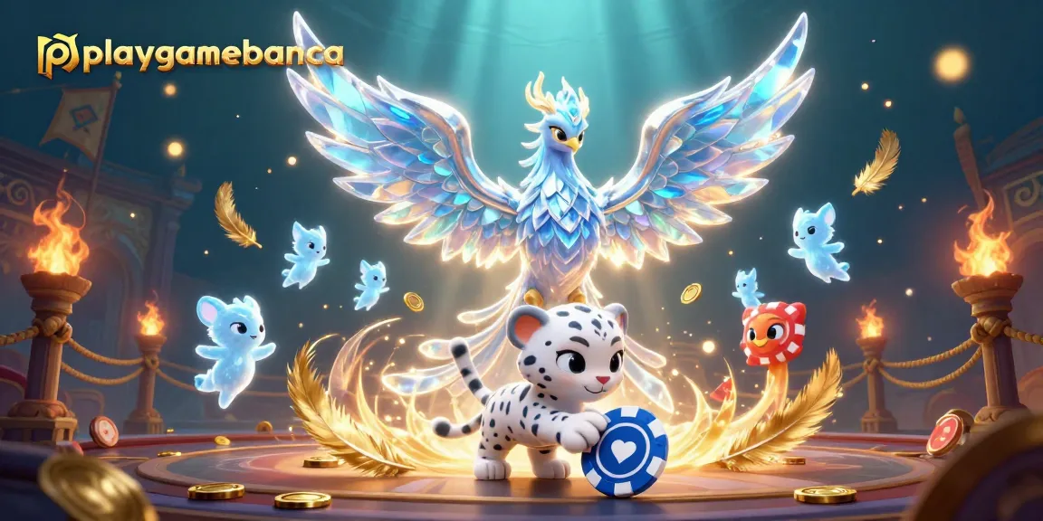Engage with playgamebanca through an exciting scene of a 3D cartoon ice phoenix and gaming action.