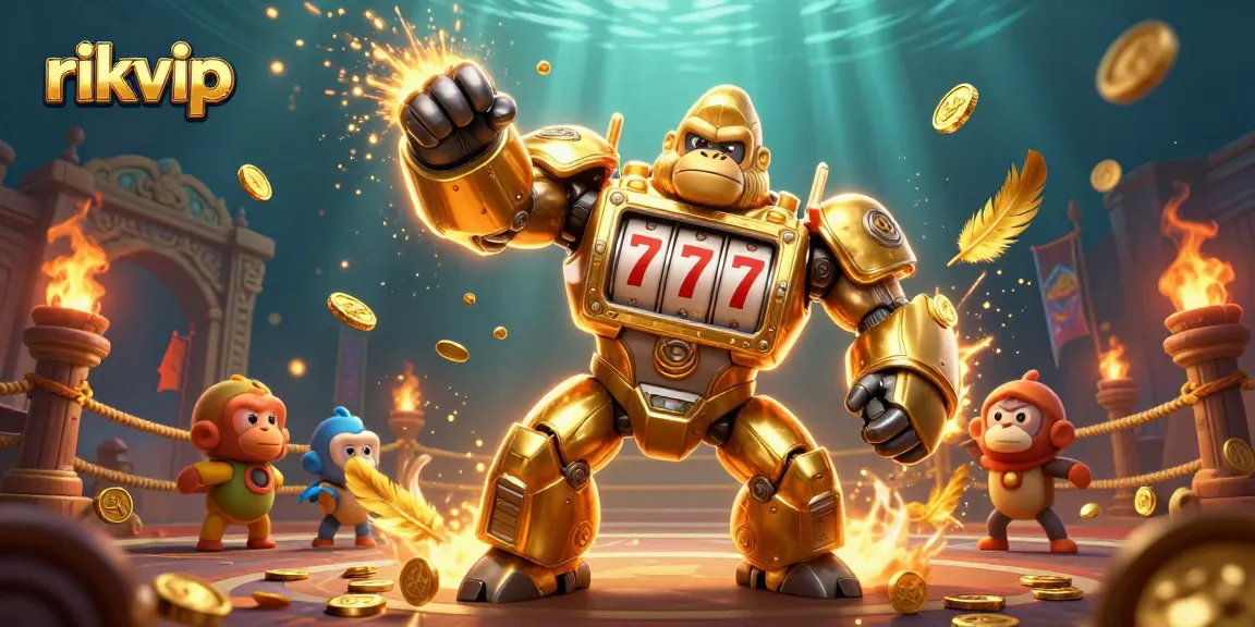 Experience thrilling gaming adventures with rikvip's dynamic 3D illustration of a golden gorilla mech.