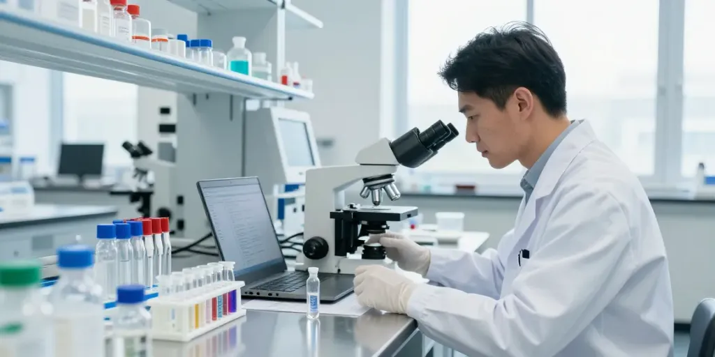 Scientist examining Swiss Chems peptides in a high-tech lab environment.