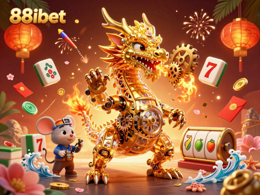 Experience the thrill of 88ibet casino with golden elements and dynamic gaming elements surrounding a dragon.