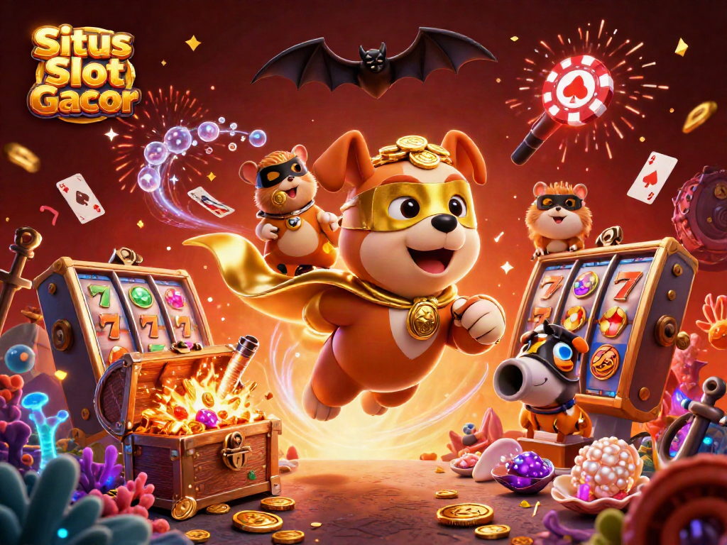 Visualisasi Situs Slot Gacor dengan karakter ceria dan elemen permainan kasino menarik.