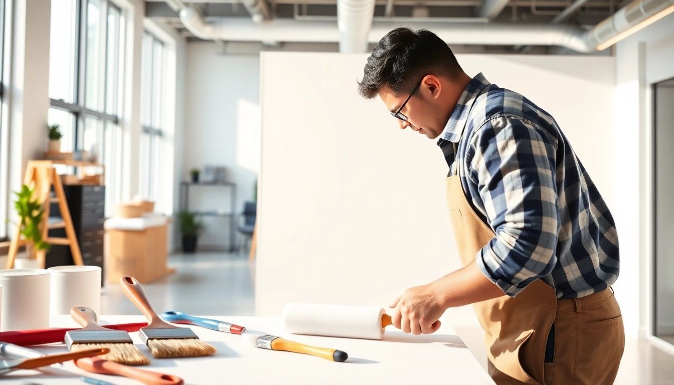Commercial painter applying fresh paint in a modern office with bright lighting.