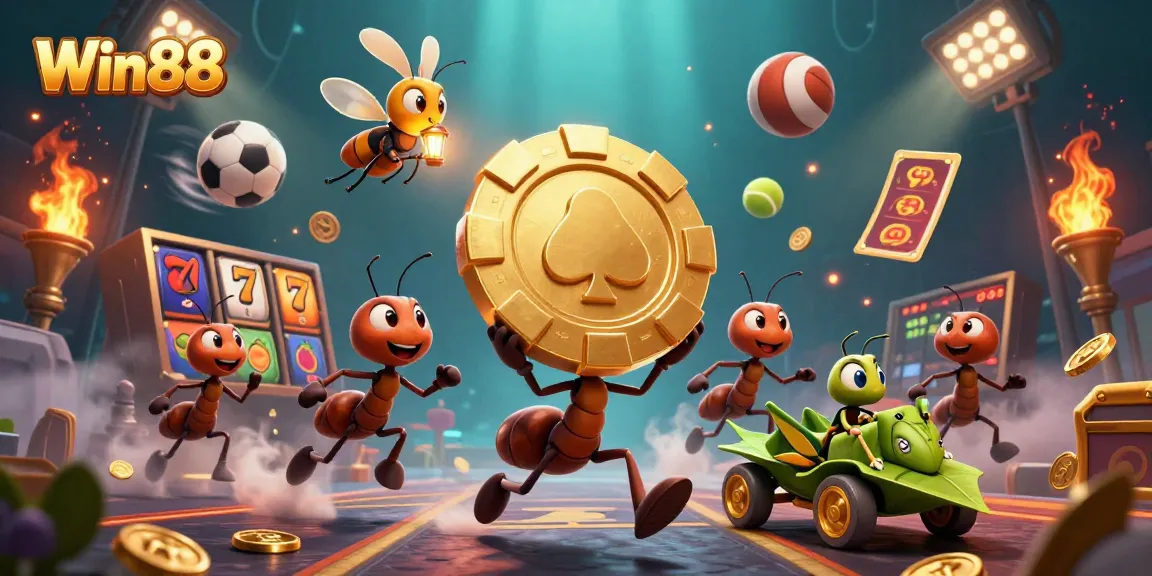 Win88 showcases a fun 3D illustration of ants in a heist with a golden poker chip and dynamic gaming elements.