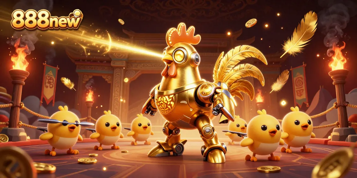 Engage with the thrilling world of 888new featuring a golden rooster robot and baby chick drones in a vibrant casino setting.