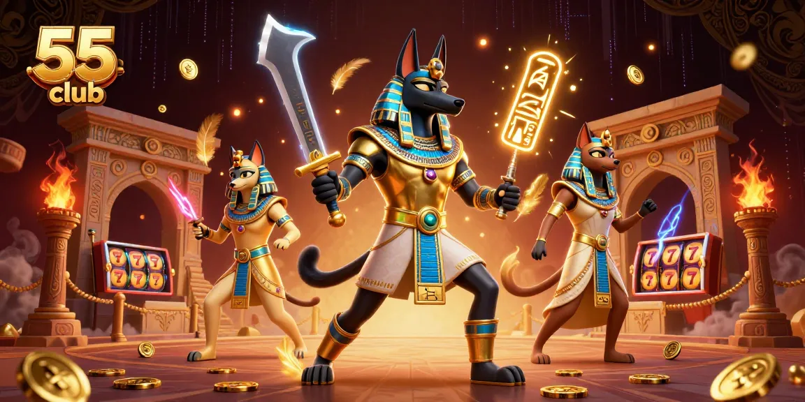 Engage with the thrill of 55 club slot gaming, featuring Anubis warrior and Bastet in an epic casino scene.