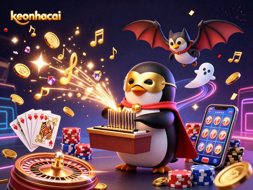 Celebrate wins with keonhacai's dazzling casino scene featuring a vibrant 3D penguin organist.